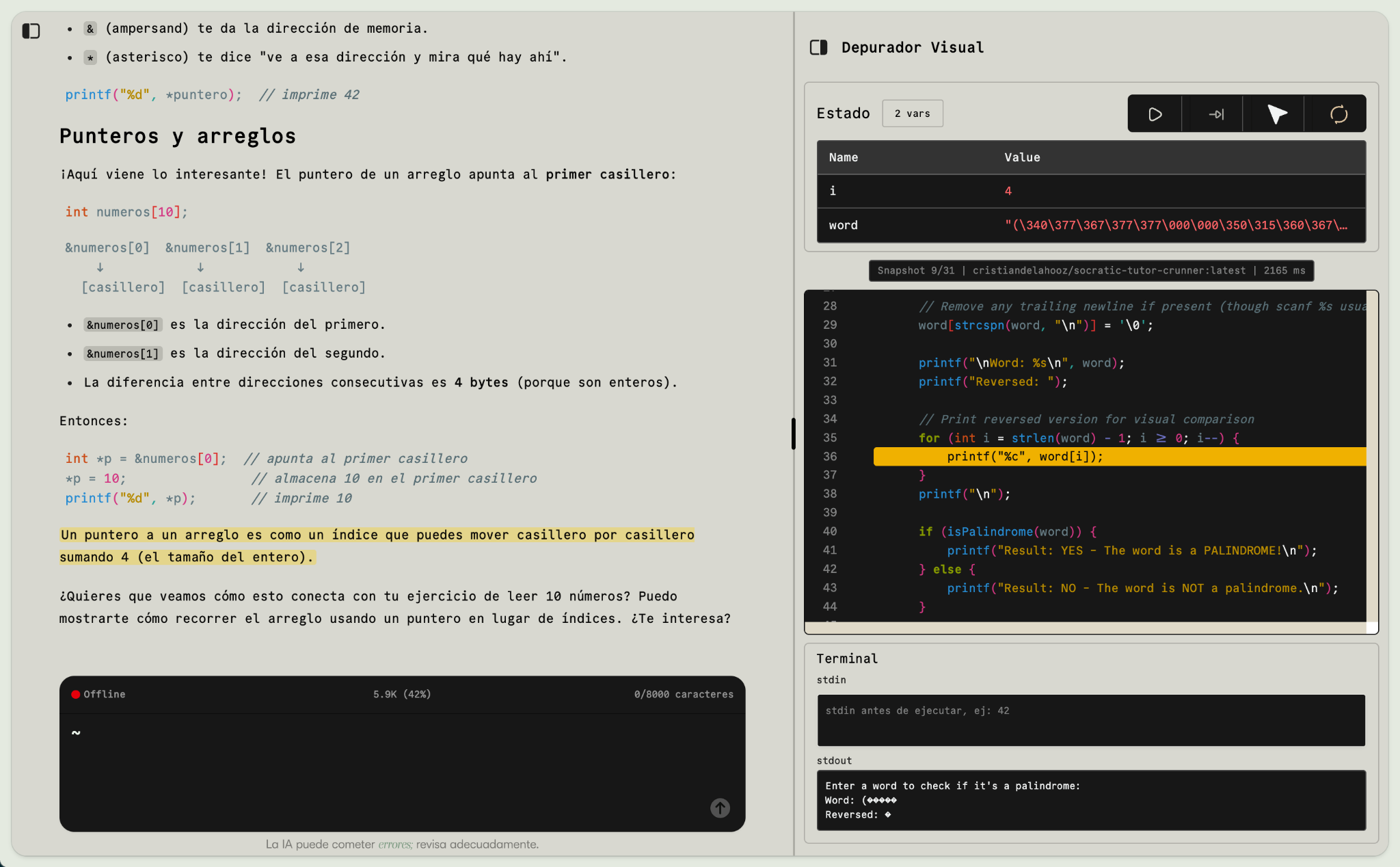 Visual C debugger with source, execution controls, output, and variable state